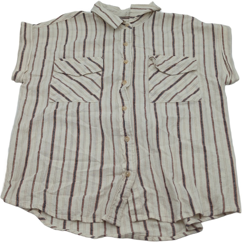 Thread & Supply Linen Blend Striped Short Sleeve Shirt Ivory Navy T3663LRTS M